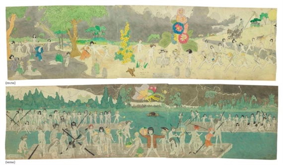 93 AT JENNIE RICHEE, ARE CHACED FOR LONG DISTANCE BY GLANDELINIANS WITH BLOOD HOUNDS. / 95 AT JENNIE RICHEE, ESCAPE DOWN ARONBURGS RUN RIVER THROUGH CIRCLE SECTION IN STORM., DOUBLE SIDED by Henry Darger